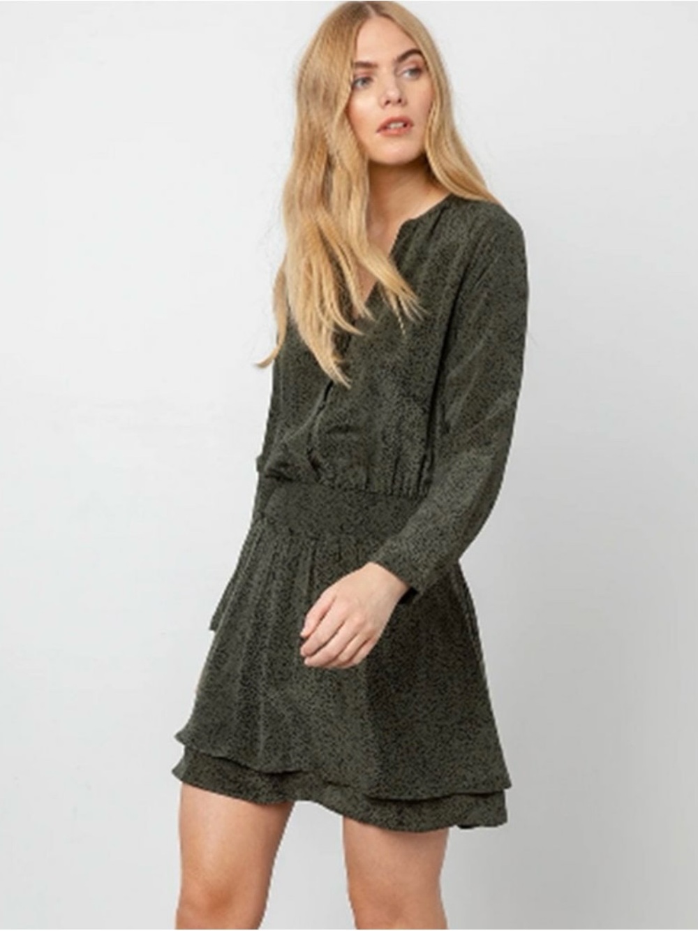 Rails Olive Textured Long-Sleeve Tiered Mini Dress